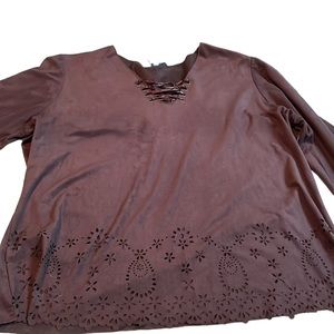 Venzia Jeans size 14/16 dark brown v-neck faux micro suede long bell sleeve